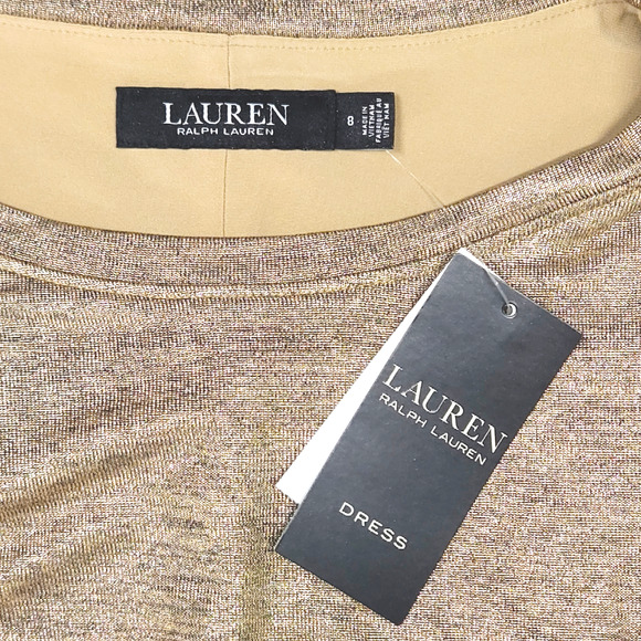NWT Lauren Ralph Lauren Side Ruched Solid Foil Jersey Sheath Dress Sz. 8 Gold - Picture 7 of 12